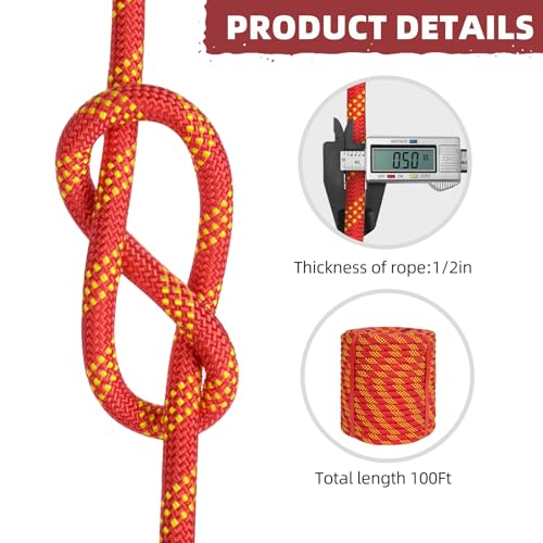 1/2 Inch Static Climbing Rope (150 Ft) - 9000lbs High Strength Arborist Bull Rope for Tree Pulling, Rigging & Rappelling - 48 Strand Polyester Braided Core, Red - size: 1/2in x 150ft, style: Red