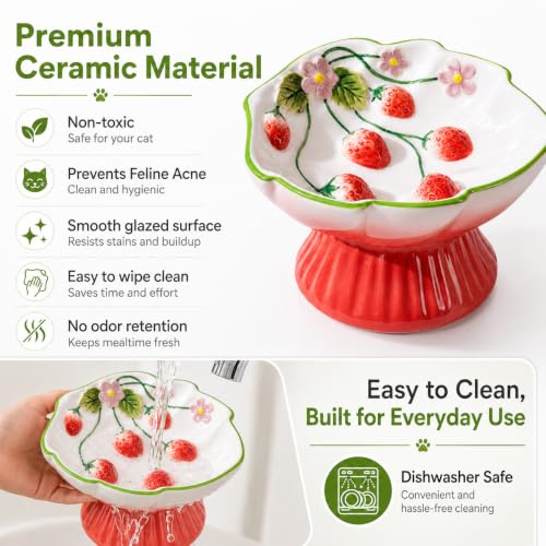 Ceramic Slow Feeder Cat Bowl, Cute Strawberry Elevated Cat Bowl for Wet & Dry Food, Raised Ceramic Cat Food Bowl with Whisker-Friendly Wide Shallow Design, Slow Feeder for Slower Eating