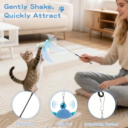 Pawaboo Cat Feather Wand Interactive Toy, 2 Feathers + 1 Wand with Bell - color: Blue Butterfly