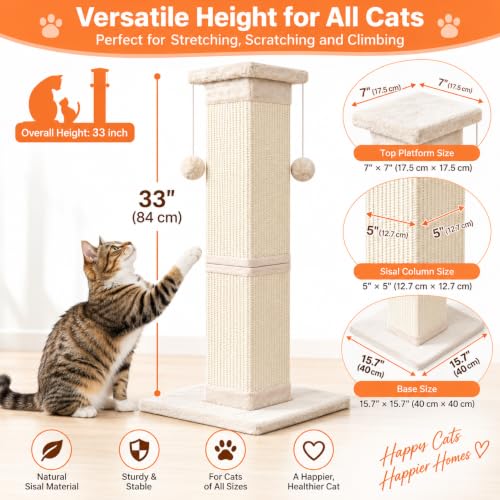 SOCATER Cat Scratching Post 33 Inch Nature Sisal Cat Scratch Post for Indoor Cats, Large Cat Scratcher Protect Your Furniture, for All Breeds - color: white