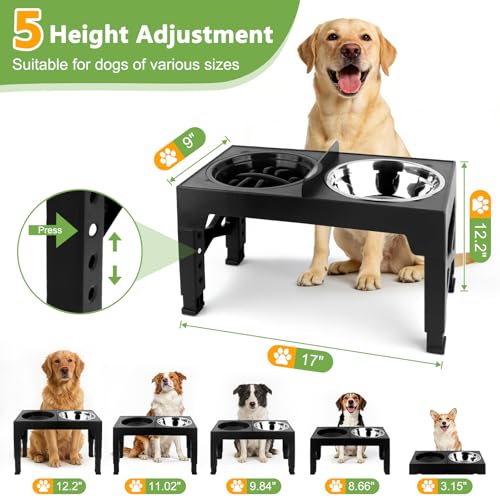4-in-1 Elevated Dog Bowl Stand with Slow Feeder, 5 Adjustable Heights