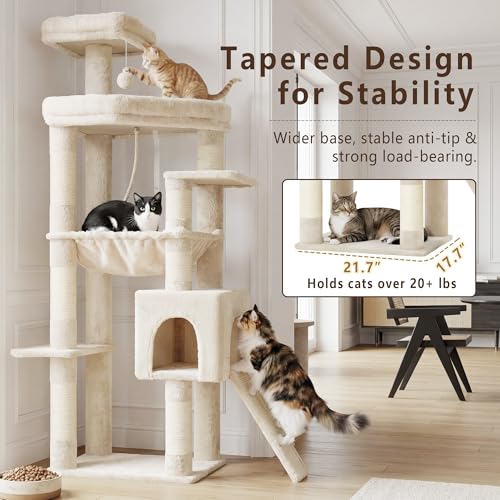 Heybly 64.2" Heavy-Duty Cat Tree for Large Cats with Wide Base HCT027M - color: Beige, size: 64.2 inch