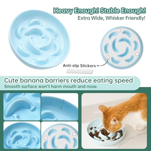 2 Pcs Ceramic Cat Slow Feeder Bowl Set, 6.3" Wide, Slow Eating 5X - color: White and Blue