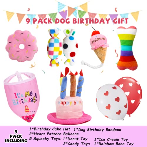 lilfrd 9Pcs Pink Dog Birthday Toy Set, Squeaky Hat Bandana Gift for Dogs - style: Pink Birthday Pack