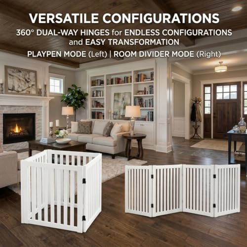 WELLAND Wooden Freestanding Dog Gate, Expandable Dog Gate, Indoor Pet Fence - color: White, size: 4 Panel 80" Wide