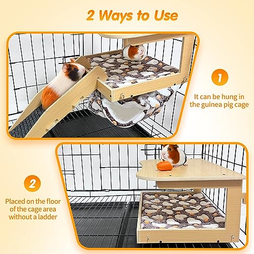 Guinea Pig Hideout，Natural Wood Removable Guinea Pig Bed, Small Animal Habitat with Hanging Hammock/Staircase/Cushion, Suitable for Small Animals to Hide, Rest, Play