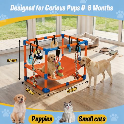 Orange Puppy Play Gym with 8 Hanging Toys - color: Orange, size: 22.28x16.65x17.71in