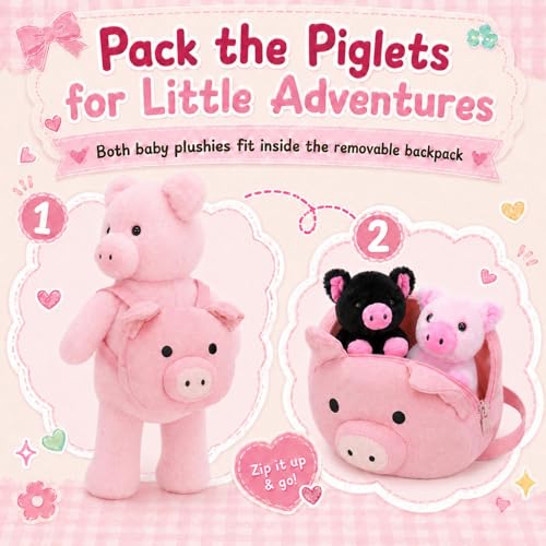 Pig Stuffed Animal with 2 Babies and Backpack, 21 Inch Pink Plush - style: Pig Backpack