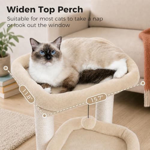 PEQULTI Small Cat Tree Tower for Indoor Cats, Sisal Post & Cozy Condo Beige - color: Beige, size: M(15.7"L x 15.7"W x 26.7"H)
