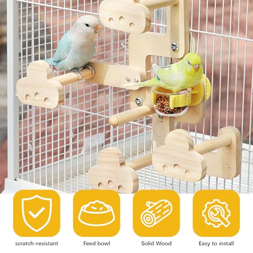 Parrots Playground,Natural Wood Perch Stand with Feeding Cups,Parrots Play Gym,Birds Perch Stand for Budgie Conures Cockatoos Lovebirds(Includes PVC Food Bowl) - color: wood
