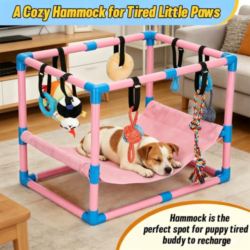 Pink Puppy Play Gym with 8 Hanging Toys - color: Pink, size: 22.28x16.65x17.71in
