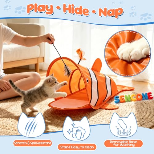 SENCONE Clownfish Cat Tunnel Toy Portable Hideout Nap Tube for Kittens - color: Red Clownfish