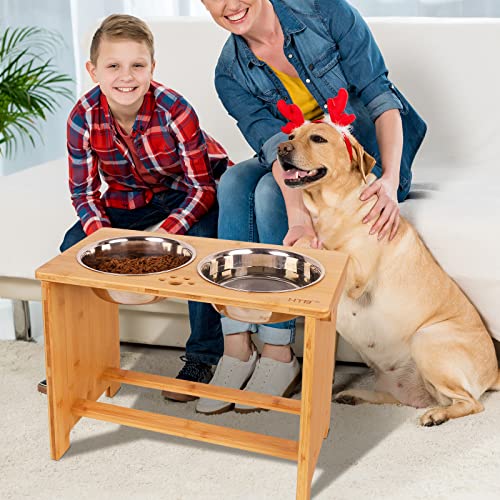 HTB Elevated Dog Bowl Stand with 2 Stainless Steel Bowls-14 H XLarge Bamboo - color: Bamboo, size: X large-14"tall,48 Oz bowl
