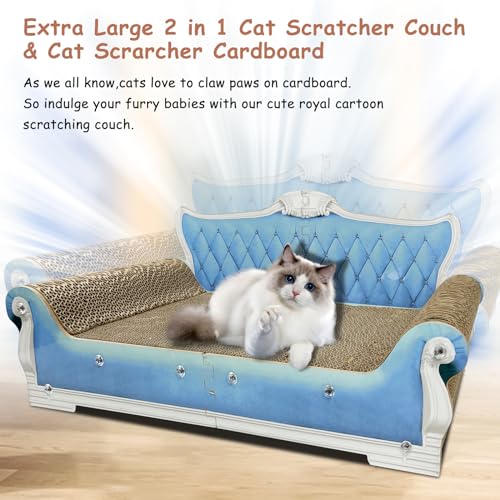 Luxury Cardboard Cat Scratcher Sofa Bed, Couch Shaped Scratching Board, Scratch Lounge with Catnip Toy, Cat Scratcher for Indoor Cats Large Blue 25.4"x12" - color: Blue Sofa