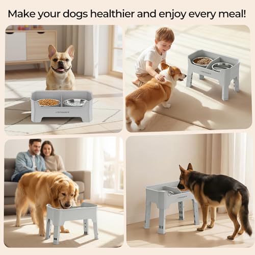 URPOWER Mess Proof Elevated Dog Bowls, Splash Guard Raised Bowl Stand - color: Light Grey, size: Medium