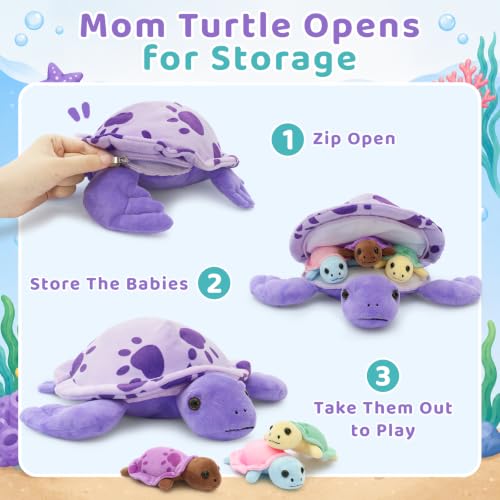 Muiteiur Purple Sea Turtle Stuffed Animal with Babies Inside, Turtle Plush - style: Purple Turtle