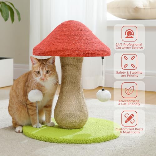 PETEPELA Mushroom Cat Scratching Post, 100% Sisal Cute Cat Scratcher, Pink - color: Red