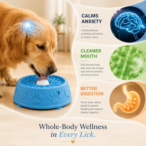 Dog Licking Bowl with Rolling Ball, Anti-Slip Slow Feeder (Blue) - color: Blue