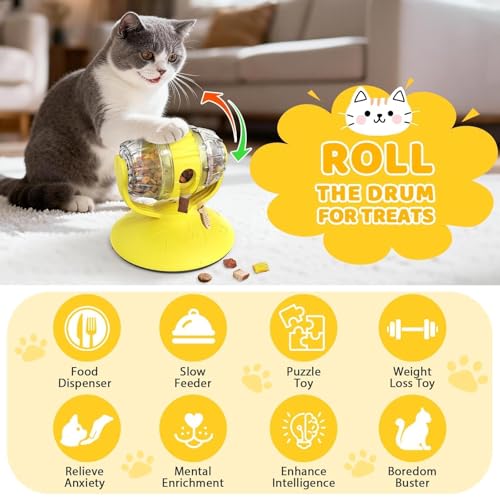 Interactive Cat Treats Dispenser Toy, Puzzle Feeder Food Dispenser, Kitty Interactive Enrichment Toys, Dispensing Foods Slow Feeder National Pet Day Gifts for Cats IQ Training, Yellow - color: Yellow
