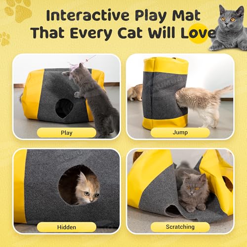 Cat Play Bag Collapsible Cat Tunnel Activity Center Mat Play Rug - color: M Gray+Yellow