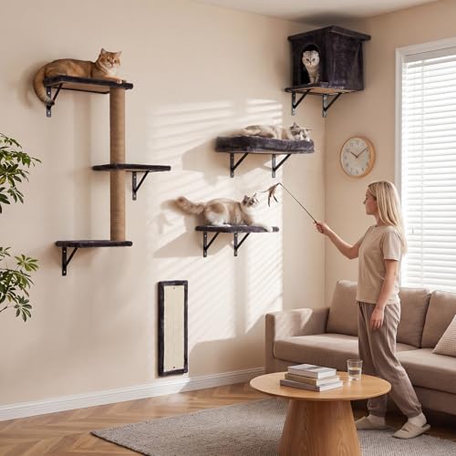 5-in-1 Cat Wall Shelves for Large Cats, Floating Climber with Scratcher - color: Black