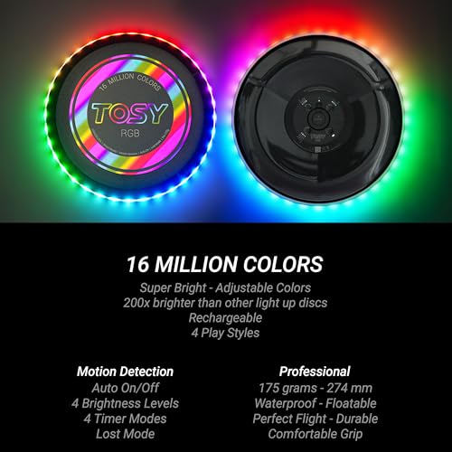 TOSY Flying Disc - 16 Million Colors RGB LEDs, Extremely Bright, Smart Modes, Camping Essentials for Teens/Kids/Adults/Men/Boys/Girls, Auto Light Up, Rechargeable, Waterproof, 175g