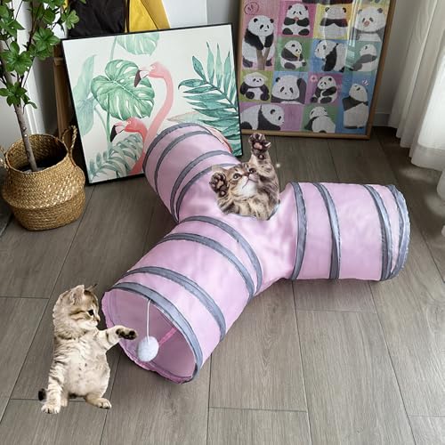 3-Way Collapsible Cat Tunnel Tube Toy Pink - color: Pink