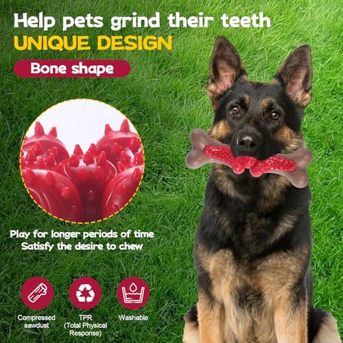 Durable Dog Chew Toys for Large Dogs - Tough Bone-Shaped Dental Chew with TPR Rubber & Wood Fiber, Teething & Aggressive Chewer Toys for Medium/Large Breed, Long-Lasting Teeth Cleaning 2 Pack set - color: Red&Green-2 Pack Set