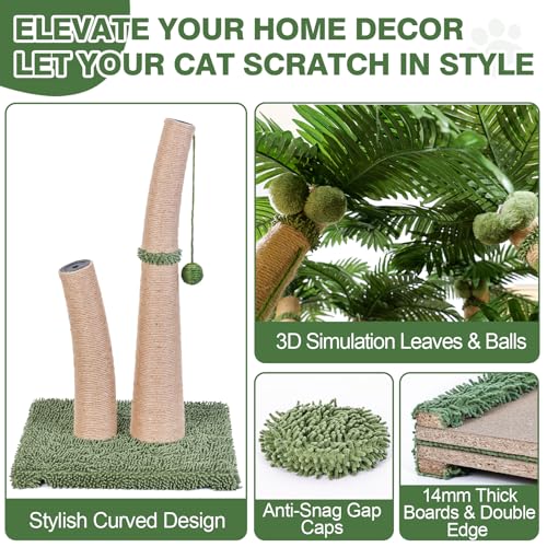 Palm Tree Cat Scratching Post, 36'' Cat Scratcher Post with Natural Sisal Rope, 5 Interactive Balls and 2 Curved Design Scratching Posts for Indoor Cats Adults and Kittens, Multi-Combinable (Style C) - size: Style C