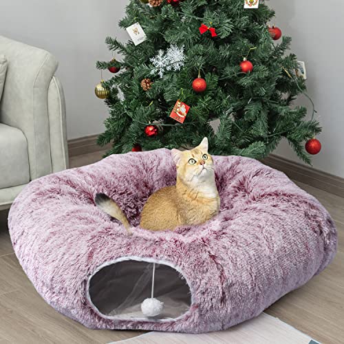 AUOON Plush Cat Tunnel Bed for Indoor Cats, 36"L x 36"W x 11.5"H, Rosiness - color: Rosiness