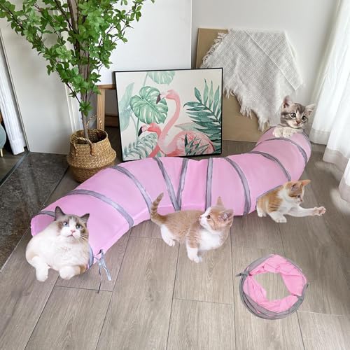 2-Way Long Collapsible Cat Tunnel Tube Toy Pink - color: Pink Grey