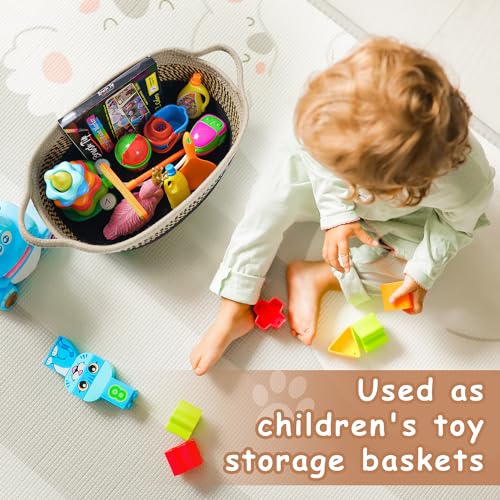Small Dog Toy Basket for Pet Toy Storage Woven Baskets for Organizing - color: dark&light Beige