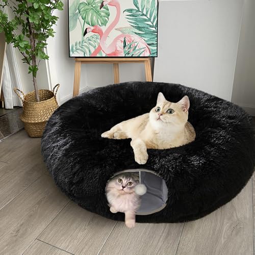 Cat Bed Tunnel Tube Toy Black Plush - color: Black Plush