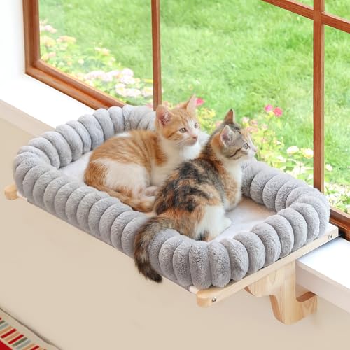Zakkart SnugCloud Cat Perch for Windowsill (Natural Wood/Gray, L) - color: Natural Color Wood w/ Gray Bed, size: Large (25"x15")
