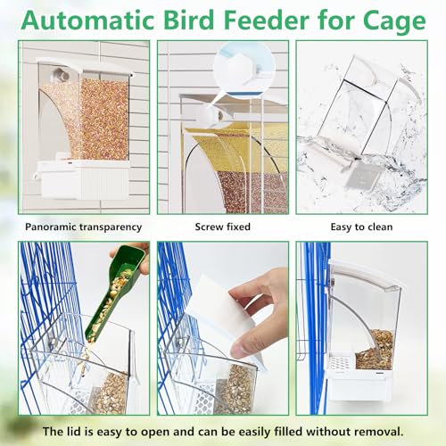Hamiledyi 2Pcs Automatic Birds Feeder No Mess Bird Cage Feeder Transparent Acrylic Parrot Seed Food Container with Perch Bird Cage Accessories for Parakeet Finch Lovebirds Budgies Canary (White) - color: White Transparent - 2