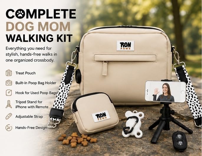 Hands-Free Dog Walking Crossbody for Training, Treat Pouch, Built-in Poop Bag Dispenser, Used Bag Hook & Bonus Tripod (Beige) - color: Beige