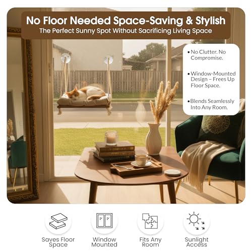 Cat Window Perch, Indoor Hammock Bed with Solid Pine Wood, 4 Industrial-Grade Suction Cups, Window Hammock with Soft Cushion for Cats, Space Saving Design - color: Beige