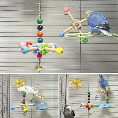 2pcs Bird Spinner Toys for Parrots with Bells for Cage, Natural Wood