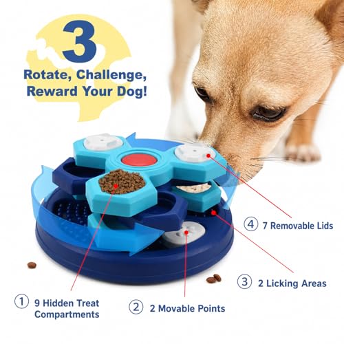 Slow Feeder Puzzle Dog Bowl, 4-Layer Rotating Interactive Pet Feeder with 7 Removable Covers, Silicone Spatula & Non-Slip Base, Blue