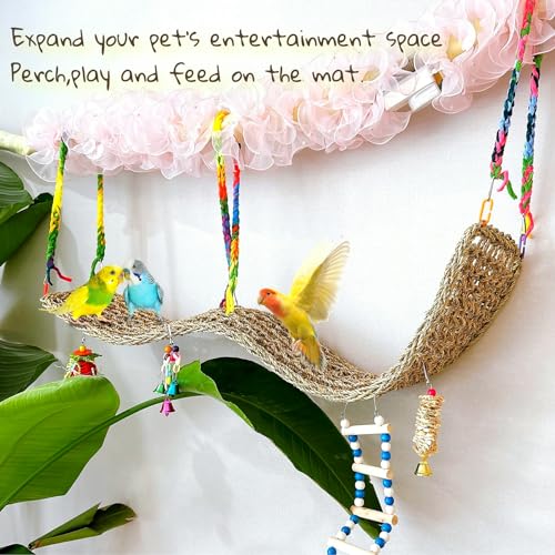 Bird Seagrass Mat 39.4×7" Long Natural Macaw Woven Net Hammock Hanging on Parrot Cage with Hooks Climbing Ladder Swing Chew Toys for Cockatoo Large Parrot Supplies - size: 1Pc 39.4" × 7"