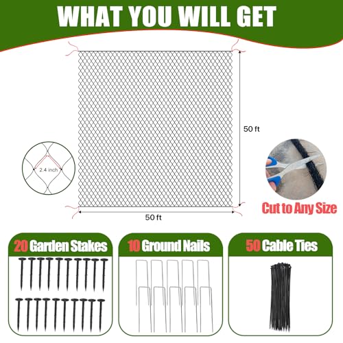 Bird Netting for Chicken Coop,50x50ft Chicken Netting for Chicken Coop Roof - size: 2.4", 50' x 50'
