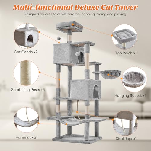 DUMOS Large 66 Inch Cat Tree Tower with Scratching Posts, Indoor Use - color: Light Grey, size: 66 Inch