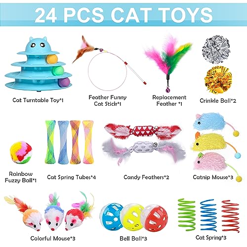 UPSKY 24 PCS Cat Toys Set with Teaser, Mice, Spring, and Various Ball Toys - color: D-Blue