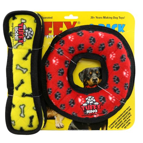 TUFFY® : 2 Pack Ring Bone Dog Toy: Ultra Durable Plush Toy with Multiple Layers & Reinforced Seams, Washable and Floats, Original Construction - color: 2PK Red Ring Yellow Bone
