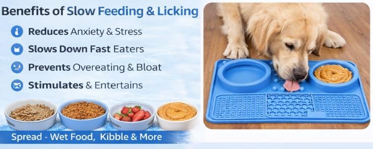 Silicone Dog Feeding Mat with Slow Feeder & Lick Pad for Dogs and Cats – Non-Slip Spill-Proof Pet Feeding Tray with Bowl Holder, Dishwasher Safe, Support, 12 x 8 Inch Blue - color: Blue