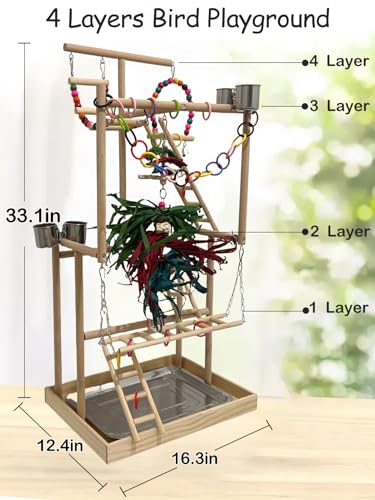 4-Tier Large Wooden Bird Playground with Trays Cups Ladder - Parrot Playstand, Birds Play Stand, Wood Perch Gym for Parrots Cockatiels - Durable Multi-Level Bird Activity Center