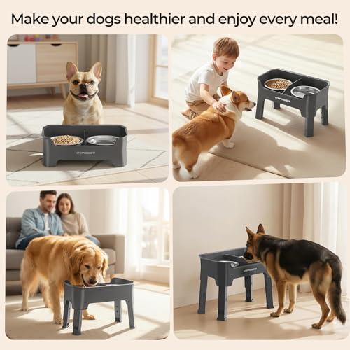 URPOWER Mess Proof Elevated Dog Bowls, Splash Guard Raised Bowl Stand - color: Grey, size: Medium