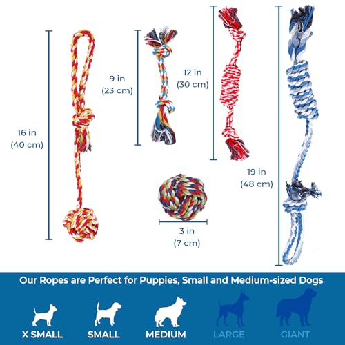 SunGrow, 5-Pack Ferret Rope Chew Teething Toys, Puppy Chew Toys & Accessories for Cage, Machine-Washable Durable Cotton Knotted Rope Dog Tug Toys for Small to Medium Breeds, 3” - 19”