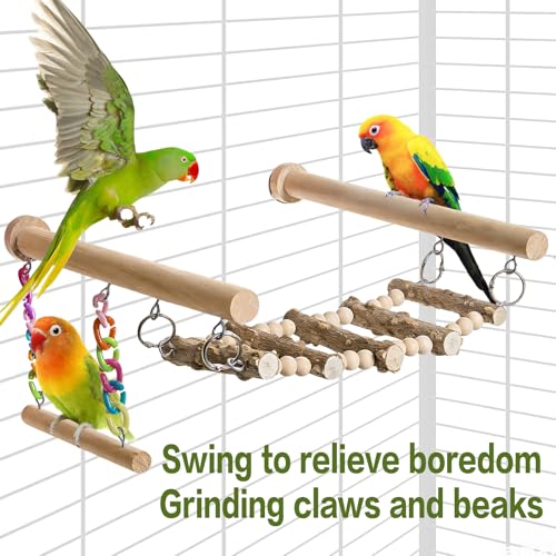 Bird Perches Ladder with Swing,Natural Wood Parrot Climbing Bridge Toys - color: A
