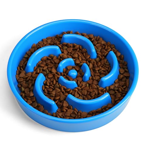 Ceramic Slow Feeder Dog Bowl, 2 Cups Maze Puzzle Dish to Slow Down Eating - color: Flower - Blue